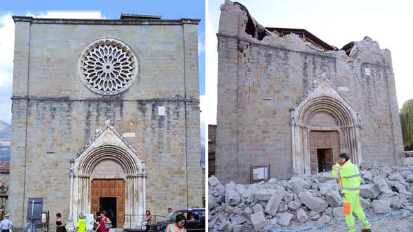 La basílica de San Francisco, en Amatrice, antes y después del seísmo
