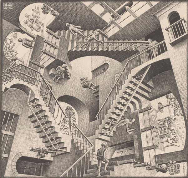 M.C. Escher, Relativity, 1953, Lithograph, 29.1 x 29.4 cm, Gemeentemuseum Den Haag. All M.C. Escher works copyright © The M.C. Escher Company B.V. -Baarn-the Netherlands. All rights reserved. www.mcescher.com)
