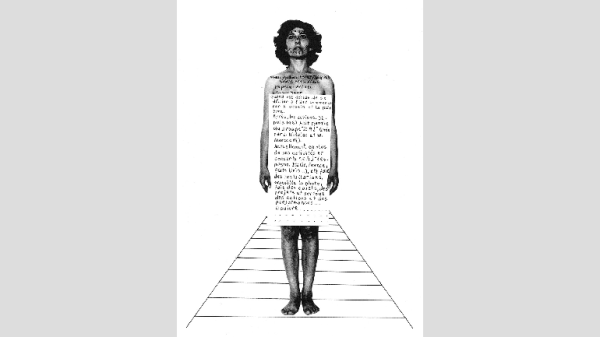 Esther Ferrer - Biografía para una exposición, 1982. Collage. Fotografía y tinta sobre papel. 32,5 x 24 cm. Cortesía de la artista.