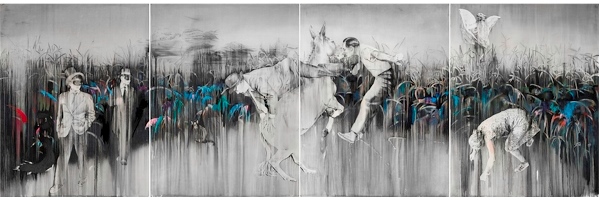 Jose Luis Puche - En el nombre de los pájaros, 2017. Carbón graso, pastel graso y lápiz de color sobre papel Saunders Waterford. 202×616 cm.