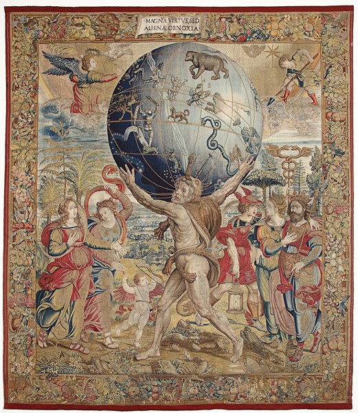 Hércules sostiene la esfera celeste – Tapiz de manufactura bruselense, atribuido a Bernard van Orley, siglo XVI. Palacio Real de la Granja de San Ildefonso. Patrimonio Nacional.