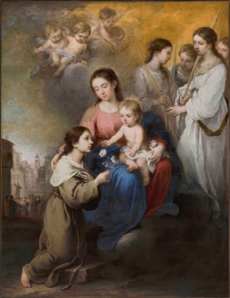 Bartolomé Esteban Murillo (1618-1682) - La Virgen y El Niño con Santa Rosa de Palermo, ha. 1670. Óleo sobre lienzo. 190 x 147 cm. Museo Thyssen-Bornemisza, Madrid.
