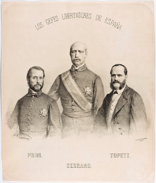 José María Contreras (D y L) y Julio Donon (EL). Los jefes libertadores de España, ca. 1868. Litografía.