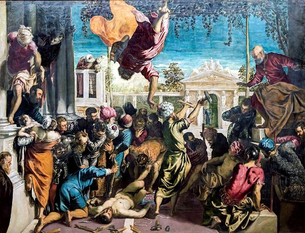 Tintoretto - San Marcos liberando al esclavo (Il miracolo di San Marco). 1548. Óleo sobre lienzo. 416 cm × 544 cm. Galería de la Academia, Venecia, Italia.