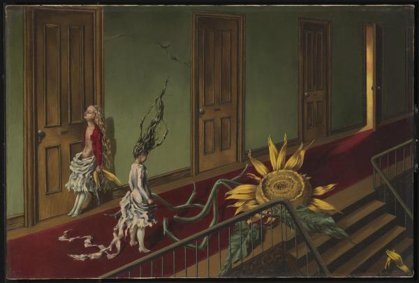 Dorothea Tanning - Eine Kleine Nachtmusik (Pequeña Serenata Nocturna), 1943. Óleo sobre lienzo. 40,7 x 61 cm. Tate Modern, Londres. Purchased with assistance from the Art Fund and the American Fund for the Tate Gallery 1997 http://www.tate.org.uk/art/work/T07346.