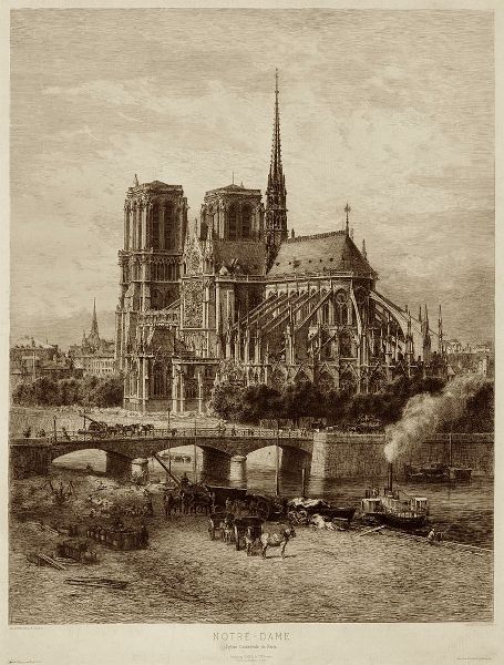 Notre Dame - La catedral a finales del siglo XIX según un grabado de Alfred-Alexandre Delauney.