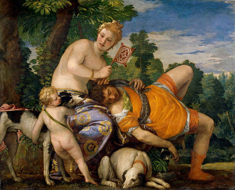 Paolo Veronés – Venus y Adonis, hacia 1580. Óleo sobre lienzo, 162 x 191 cm. Museo Nacional del Prado, Madrid, sala 026. Nº de catálogo 482.