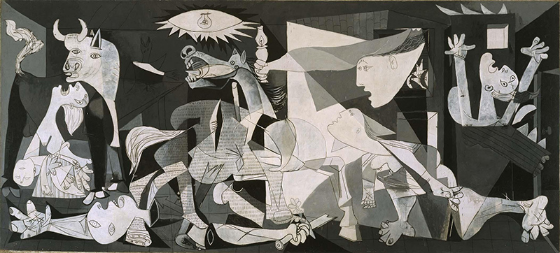 Pablo Picasso – El Guernica, 1937. Óleo sobre lienzo. 776,6 x 349,3 cm. Museo Nacional Centro de Arte Reina Sofía, Madrid, España. El ejemplo más claro de arte en la política en España; una obra maestra.