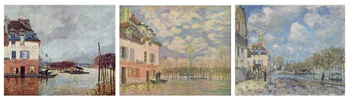 Alfred Sisley – Inundaciones en Port-Marly (L’Inondation à Port-Marly), 1876. Óleo sobre lienzo. Tres de los cuadros de la serie que pintó con este motivo en 1876. Los dos primeros se encuentran en el Musée d’Orsay en París, y el tercero en el Museo Thyssen Bornemisza de Madrid.