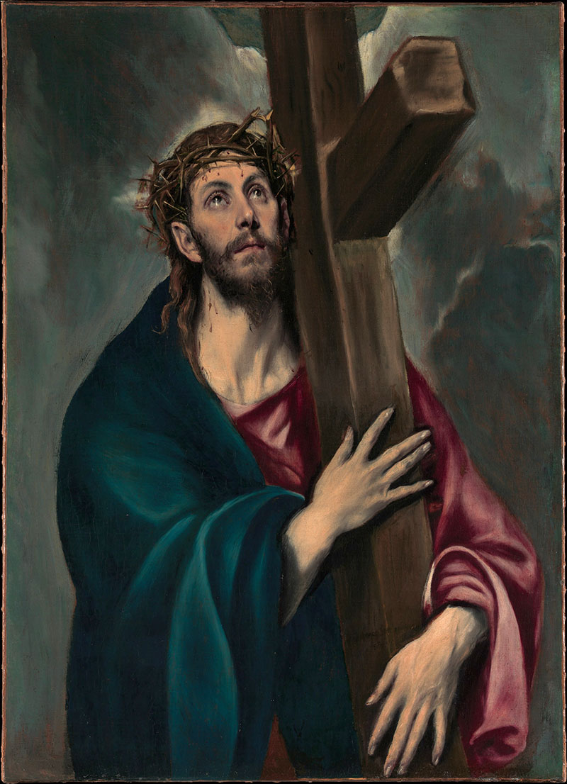 El Greco – Cristo abrazado a la Cruz. ca. 1580. Óleo sobre lienzo. 105 x 79 cm. Museo Metropolitano de Arte de Nueva York (MET). Es el último episodio antes de su crucixión de todo el periplo de la Pasión de Cristo.