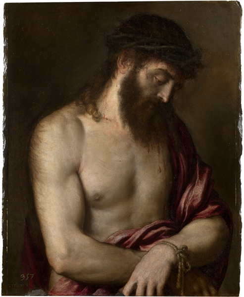 Tiziano – Ecce Homo), 1547. Óleo sobre pizarra. 69 x 56 cm. Museo del Prado, Madrid. El momento de la Pasión de Cristo en el que es coronado con espinas.