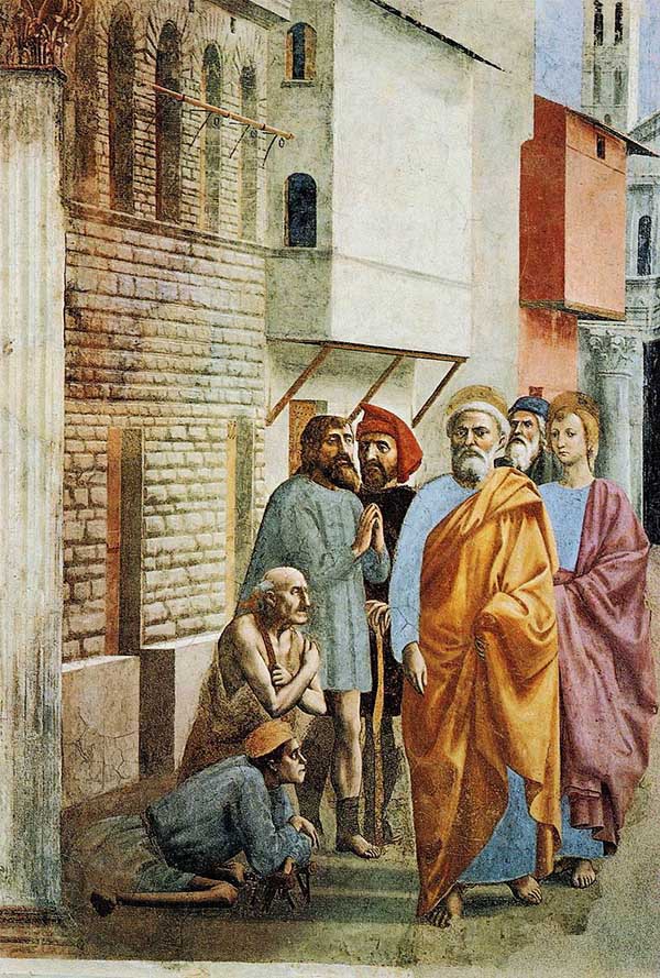 Masaccio - San Pedro cura a los enfermos con su sombra (San Pietro risana gli infermi con la sua ombra). 1425 - 1428. Pintura al fresco. 230 x 162 cm. Santa María del Carmine, Florencia, Italia.