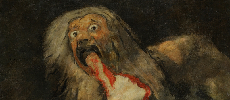 Francisco de Goya y Lucientes – Saturno devorando a su hijo, 1820-1823. Óleo sobre revoco trasladado a lienzo. 146 cm × 83 cm. Museo Nacional del Prado, Madrid, España. (Detalle).
