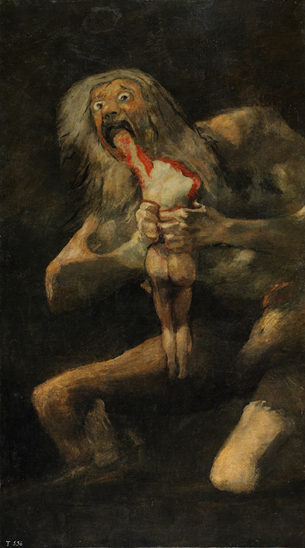 Francisco de Goya y Lucientes – Saturno devorando a su hijo, 1820-1823. Óleo sobre revoco trasladado a lienzo. 146 cm × 83 cm. Museo Nacional del Prado, Madrid, España.