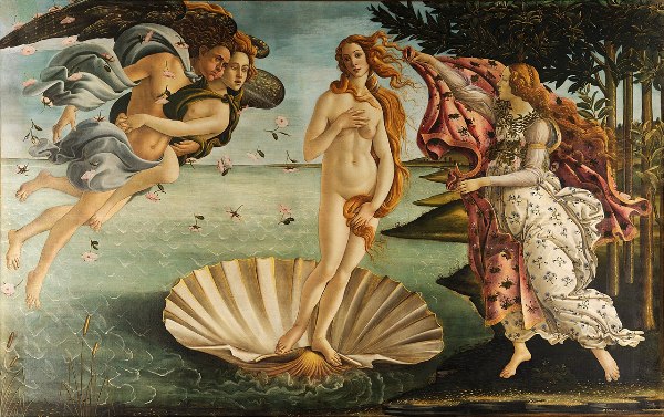 Sandro Botticelli – El nacimiento de Venus (La Nascita di Venere), c. 1482-1485. Temple sobre lienzo. 278,5 cm × 172,5 cm. Galería Uffizi, Florencia, Italia.