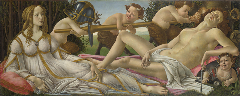 Sandro Botticelli – Venus y Marte (Venere e Marte), 1483. Temple y óleo sobre tabla. 69 cm × 173 cm. National Gallery, Londres, Reino Unido.