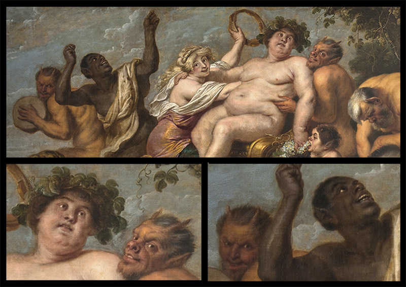 Cornelis de Vos – El Triunfo de Baco, 1636 - 1638. Óleo sobre lienzo. 180 x 295 cm. Museo Nacional del Prado, Madrid, España. (Detalle). Escalera Noroeste PI. Distintos detalles de la obra.