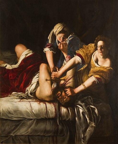 Artemisia Lomi Gentileschi - Judit decapitando a Holofernes (Giuditta che decapita Oloferne), 1620. Óleo sobre lienzo. 99 cm × 162,5 cm. Galería Uffizi, Florencia.