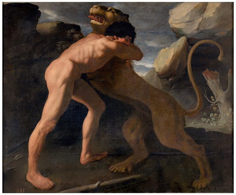 Francisco de Zurbarán – Hércules lucha contra el león de Nemea, 1634 Óleo sobre lienzo. 151 x 166 cm. Museo Nacional del Prado, Madrid, España. Sala 009A.